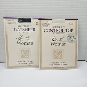 Kathie Lee Queen Size 2X Control Top Pantyhose Ivory & Navy Sandalfoot Sheer New